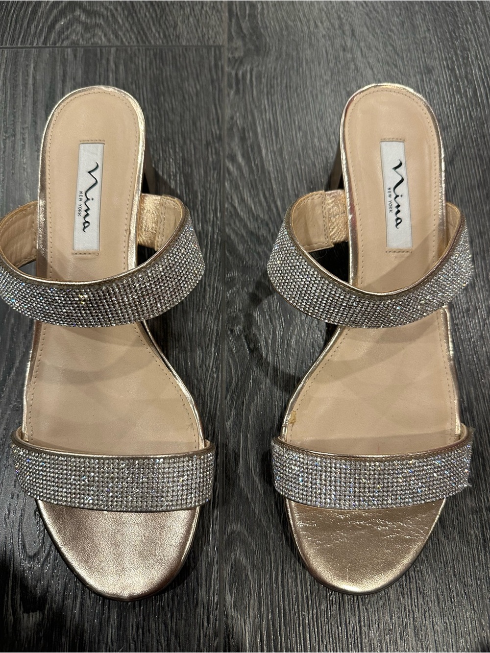 Nina Metallic Rose Gold Crystal Strap Slide Sandals - Size 9